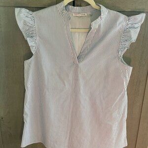 Notations White Flutter Sleeve Blouse with Mandarin Collar